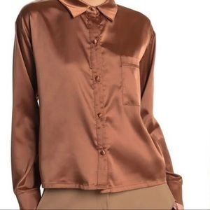 AFRM Satin Caramel Brown Button Front Collared Top Size M